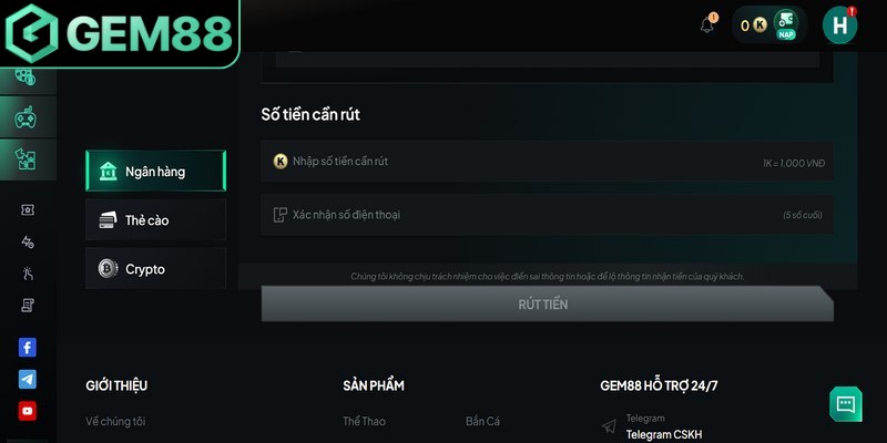 Điền thông tin rút tiền Gem88 đầy đủ và chính xác để tránh mắc sai sót